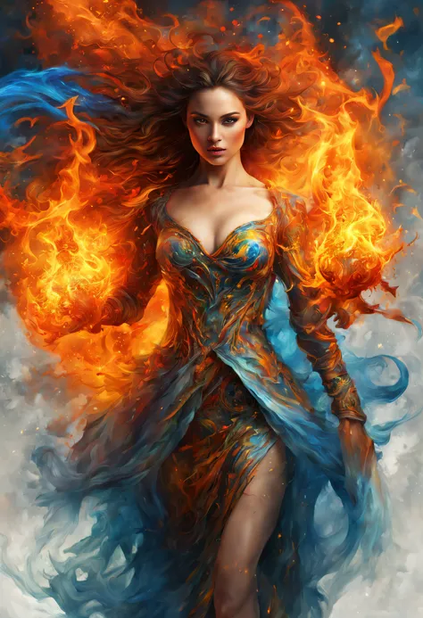 (an abstract expression, a beautiful woman with the passion of fire and the judgment of ice, a vivid painting created by contras...