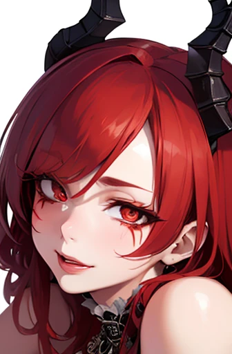 Highly detailed, Seductive erotic woman with horns and scarred face, (busty, Red hair), Focusing on the face, Focus on the face, intricate eyes,