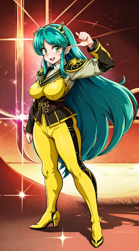 masterpiece, best quality,, corset, breastplate,lum, , urusei yatsura, cloak, pants, pullover kimono,martial pov,, pantyhose, sharpteeth, standing,smile, matial art,, full body, boots , pant, medium breast, pants, pullover,martial pov,god rays, ray tracing...