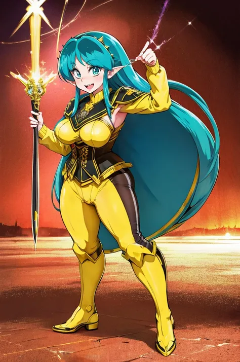 masterpiece, best quality,, corset, breastplate,lum, , urusei yatsura, cloak, pants, pullover kimono,martial pov,, pantyhose, sharpteeth, standing,smile, matial art,, full body, boots , pant, medium breast, pants, pullover,martial pov,god rays, ray tracing...