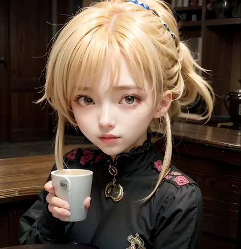 1girl,tanya von degurechaff, brown uniform, ponytail hair, yellow hair, realistic, ultra detail,70mm lens,coffe