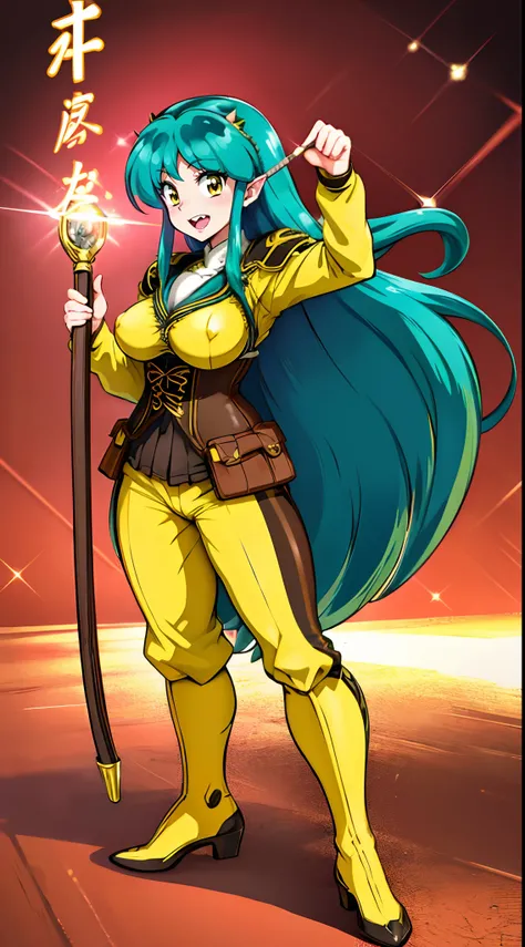 masterpiece, best quality,, corset, breastplate,lum, , urusei yatsura, cloak, pants, pullover kimono,martial pov,, pantyhose, sharpteeth, standing,smile, matial art,, full body, boots , pant, medium breast, pants, pullover,martial pov,god rays, ray tracing...