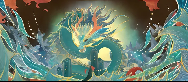 Long tail dragon illustration, Victor May and Tristan Eaton, Victor May and Surrealism, winner my style, Inspired by Victor Wei, cyan chinese dragon fantasy, I beat myself up at the end of textures, Botticelli and Victor I, I&#39;m sorry for losing.. unrea...