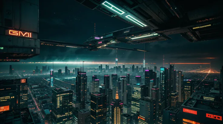 Create images of futuristic urban landscapes with a cyberpunk atmosphere. Focus on the tall skyscrapers, the neon lights emanating from the shops, and the busy street grid of flying vehicles