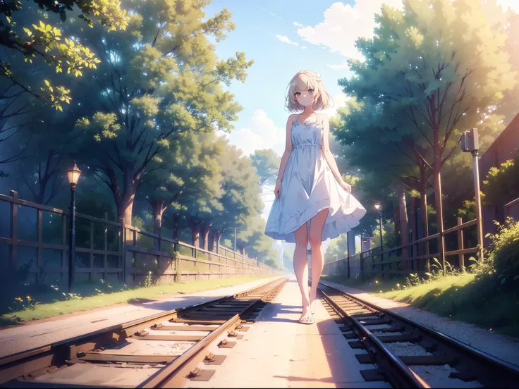 1 cute girl , walking on railway line, ((one-point perspective)), (Row of trees), ((green lighting)), cinematic lighting , full body, close to viewer , character focus ,bare-foot,looking away, white sundress, ((masterpiece)), ((best quality)), ((ultra-deta...