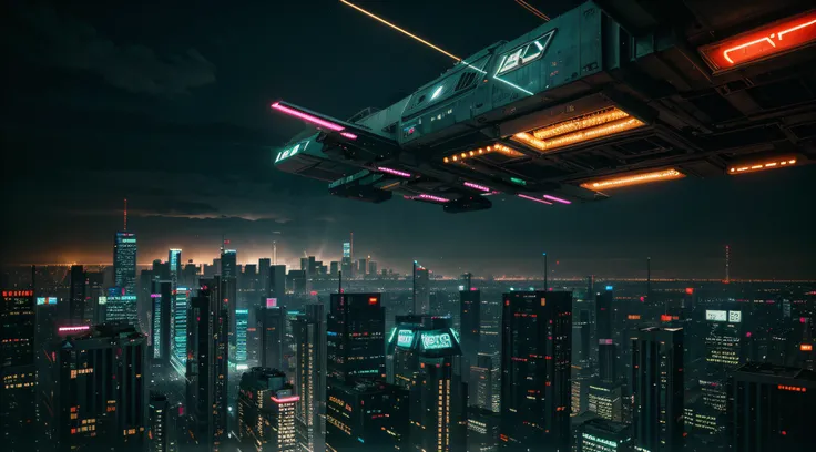 Create images of futuristic urban landscapes with a cyberpunk atmosphere. Focus on the tall skyscrapers, the neon lights emanating from the shops, and the busy street grid of flying vehicles