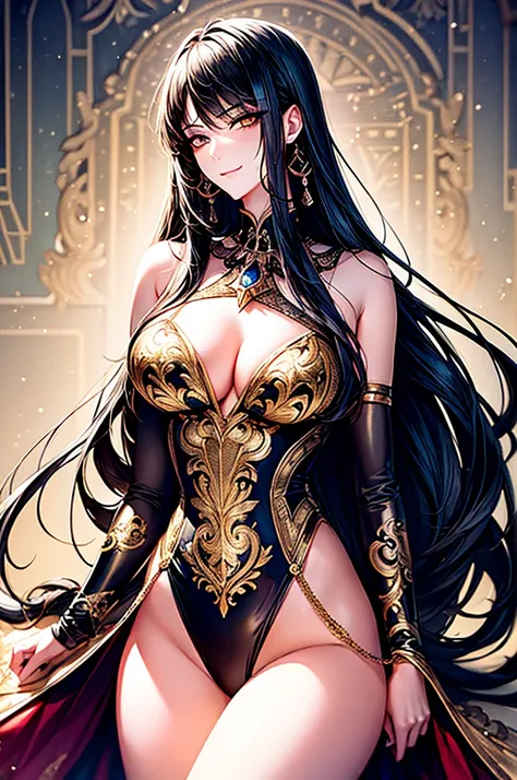 (shoujo-style, floral background, romance manhwa),  thick eyeblows, mascara, 1girl. solo, Egypt, Tutankamen, Cleopatra, ((fusion gold latex dress and swimsuit)), long gloves, long boots, throne, silver satin and latex dress, (smirk, evil smile), (extra shi...