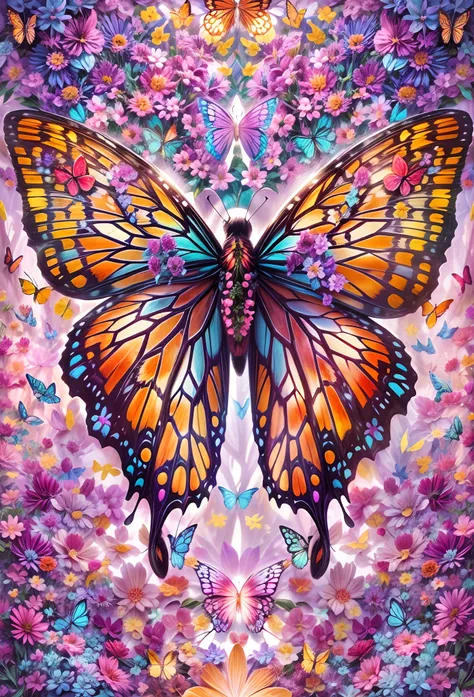 brightly colored butterflies，blue and pink wings surrounded by flowers, beautiful digital artwork, beautiful digital art, beauti...