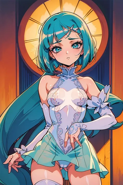 (masterpiece:1.1), best quality, NSFW, 
1girl, (80s anime style:1.3), (eyelashes:1.5), (loli:1.5), 
(intricate high detailed body:1.2), 
aqua hair, forehead, (parted bangs, hairclip:1.1), (bob cut:1.1), 
red eyes, 
small breasts, 
(expressionless:1.2), 
ne...