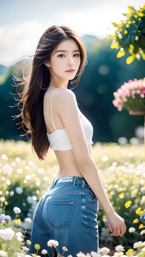 Best quality at best, tmasterpiece, 超高分辨率, above waist, realisticlying, beuaty girl, girl in a flower field, 詳細な目, Detailed pubic hair, pale-skinned, bokeh