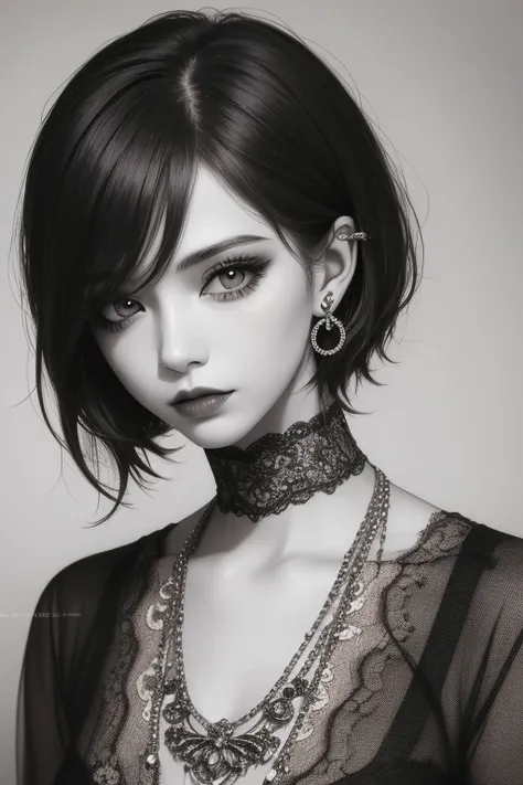 Digiart style, 1girl in,Short hair,Jewelry, monochromes, grayscales,makeup, watermarked, Piercing