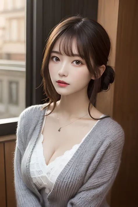 masutepiece, Best Quality, Illustration, Ultra-detailed, finely detail, hight resolution, 8K Wallpaper, Perfect dynamic composition, Beautiful detailed eyes, Natural Lip, knit open chest、knit gray knit dress , Same as, cleavage, Cross legs