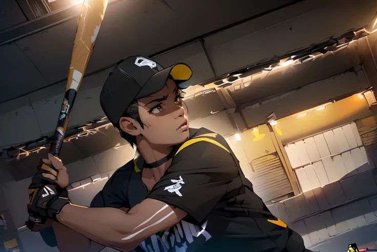 (Baseball,Sport,athlete,Black uniform,Baseball bat,yellow text,QB logo on cap,Black hair,Short hair) (Best Quality,4K,hight resolution,Ultra-detailed,Realistic:1.37) (Portrait,action) (Vivid colors) (Warm lighting)