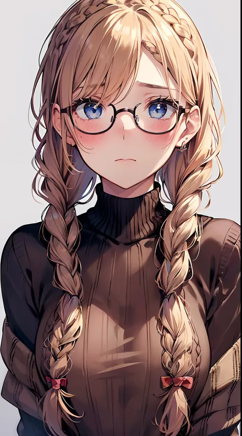 1womanl,Golden head hair, ,((Impatient expression)),Beautiful breasts,Sweater knitwear,well-styled,,(Facing the front)(((Blushing cheeks、Surprised look)),(((Braids))),((( Upper body portrait)))Frameless glasses,Blue eyes,Bangs are aligned