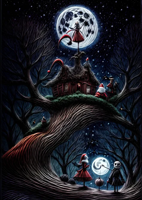 Santa Claus in The Nightmare Before Christmas、Male and female couples、Under a dead tree、Moon Night、the bats、Tim Burton Films、High color rendering、high-detail、