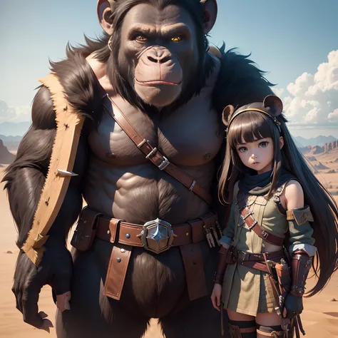 超A high resolution、An ultra-high picture quality、8K、Detailed details、marvelous expression、1 person teenager、A big chimpanzee monster is your buddy、Monster Hunter Character Costumes、Have a big weapon、Vast desert background、