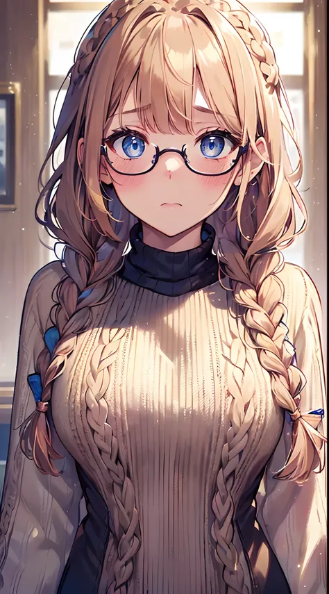 1womanl,Golden head hair, ,((Impatient expression)),Beautiful breasts,Sweater knitwear,well-styled,,(Facing the front)(((Blushing cheeks、Surprised look)),(((Braids))),((( Upper body portrait)))Frameless glasses,Blue eyes,(((Bangs are aligned)))