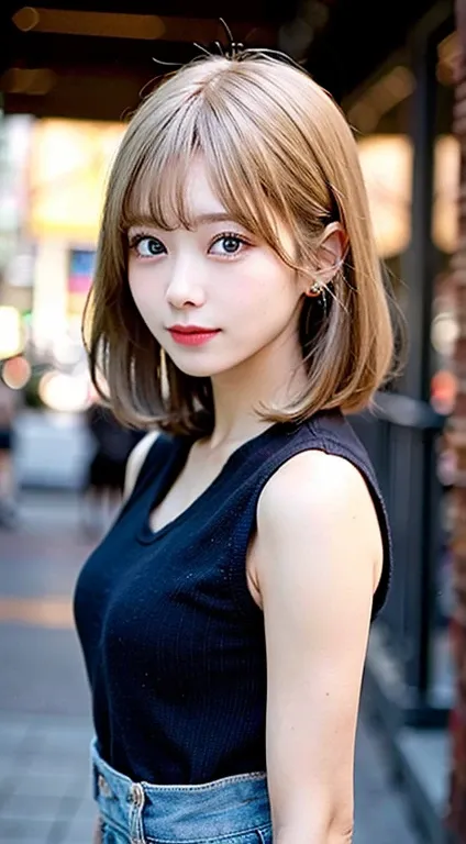 (in 8K, Raw photo:1.2)Detailed face and eyes,Best Quality, 超A high resolution, Highly detailed ,intricate detailes ,masutepiece ,Cute Girl , Soft cinematic light, Hyper-detailing,Sharp Focus, High quality, Blonde hair, bob cuts,,Denim shirt、(Black miniskir...