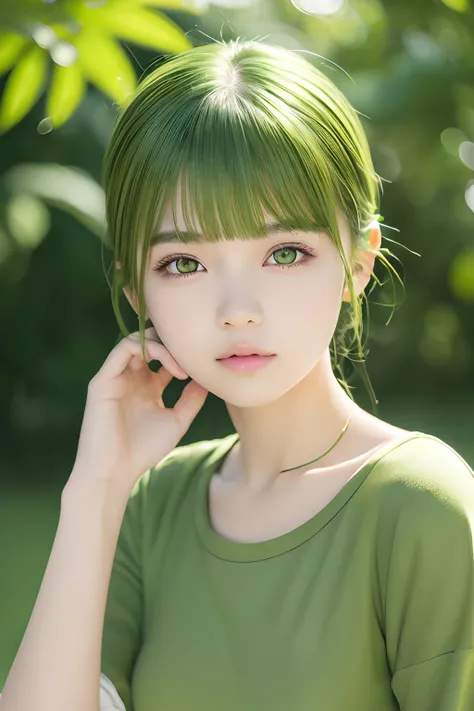 (((Green world:1.3)))、Best Quality, masutepiece, High resolution, (((1girl in))), sixteen years old,(((Eyes are green:1.3)))、Green dress、((Green shirt:1.3、green block dress)), Tindall Effect, Realistic, Shadow Studio,Ultramarine Lighting, dual-tone lightin...