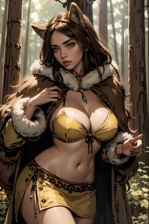 A gorgeous woman, Tall, fur bikini top, fur skirt, bare mid-riff, cotton cape, long brown hair, Forest setting