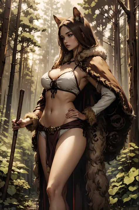 A gorgeous woman, Tall, fur bikini top, fur skirt, bare mid-riff, cotton cape, long brown hair, Forest setting