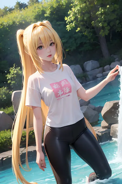 realisticlying、女の子 1 人、a blond、longhaire、twin-tailed、radiant eyes、small tits、((wet t-shirt)), pointed nipple、((yoga pant))、taken...