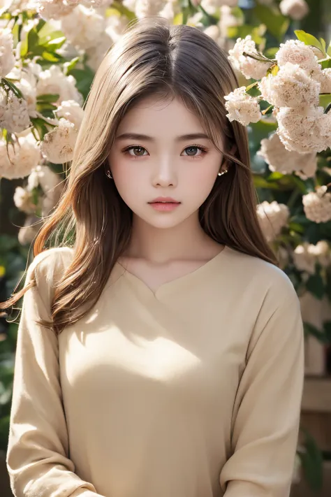 (((Beige World:1.3)))、Best Quality, masutepiece, High resolution, (((1girl in))), sixteen years old,(((Eyes are gray:1.3)))、Beige dress、((Beige shirt:1.3、Beige Color Block Dress)), Tindall Effect, Realistic, Shadow Studio,Ultramarine Lighting, dual-tone li...