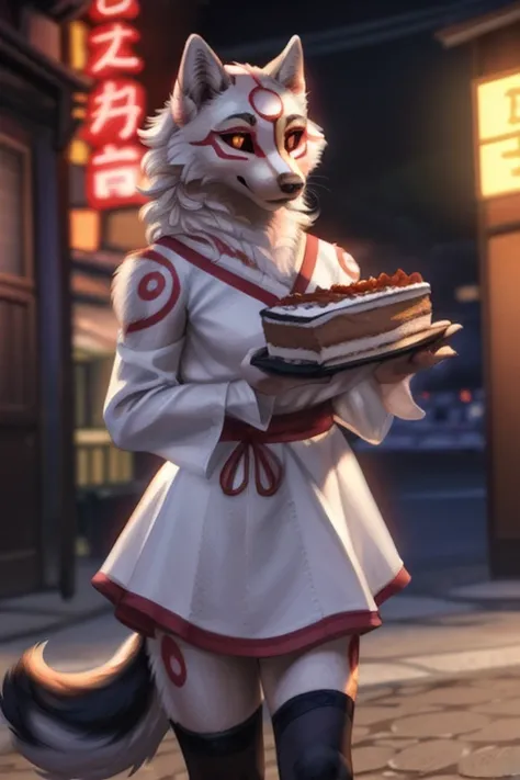 Amaterasu (Okami), mulher, sozinha, holding a birthday cake, grande busto, olhos amarelos, Esclera Negra, 4 dedos, uma perna, Unhas, Feet, vestida, usando roupa de gala, Marcas, Pelo branco, Rua, tokyo prefecture, neon
break,
por Lucis, por personalami, po...