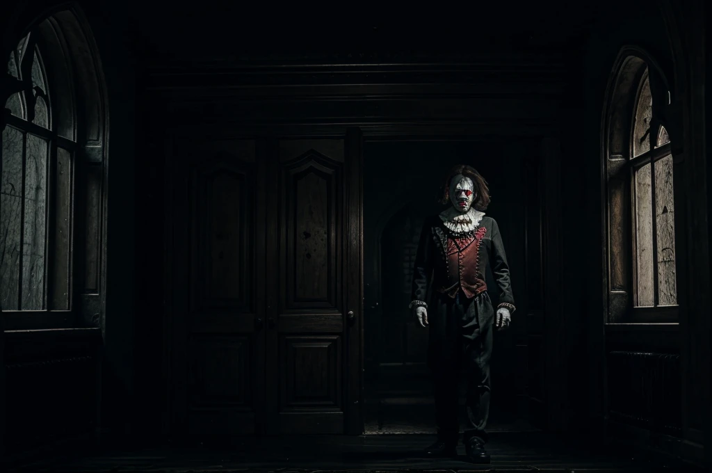 killer clown, dark fantasy, castle interior, ominous feel