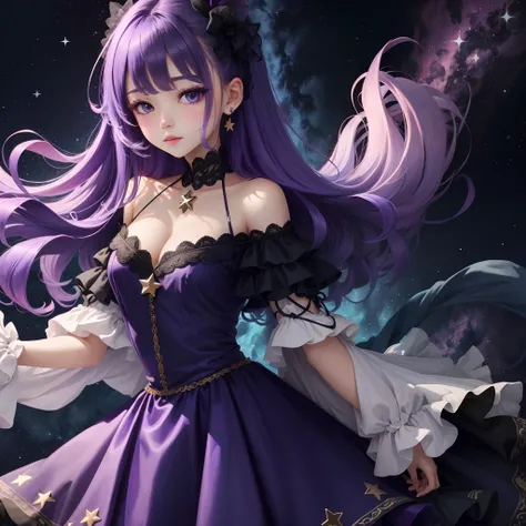 girl with、purple color  hair、Glossy hair、fluffy hair、Star Accessories、Glitter dresses、Dark blue background