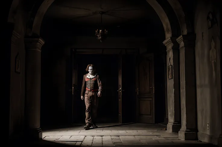 killer clown, dark fantasy, castle interior, ominous feel