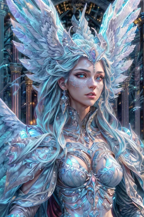 fantasy art, RPG art, a picture of an (ice sculpture: 1.5) (ultra detailed, Masterpiece, best quality: 1.4) of an icy female angel (ultra detailed, Masterpiece, best quality: 1.3) spread angel wings angel_wings (ultra detailed, Masterpiece, best quality: 1...