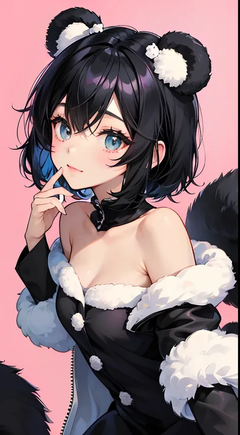 Black bob hair with curled ends、short-hair、Kawaii Girl、Cute fluffy panda costume、kawaii、portlate