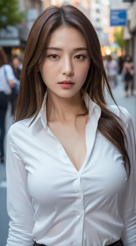 ((Best quality, 8k, Masterpiece :1.3)), Sharp focus :1.2, A pretty woman with perfect figure :1.4, Slender abs :1.2, ((Dark brown hair, Big breasts :1.2)), (White button up long shirt :1.1), City street:1.2, Highly detailed face and skin texture, Detailed ...