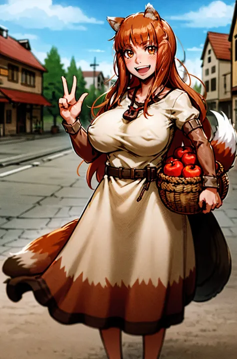 (holo:1.5), (holoBrownDress:1.5), masterpiece, best quality, absurdres, 1girl, looking at viewer, standing, cowboy shot, outdoors, medieval, cobblestone street, town, pouch, sash, smile, fruit, apple, basket,huge breast, curvy, silver hair, white hair, ful...