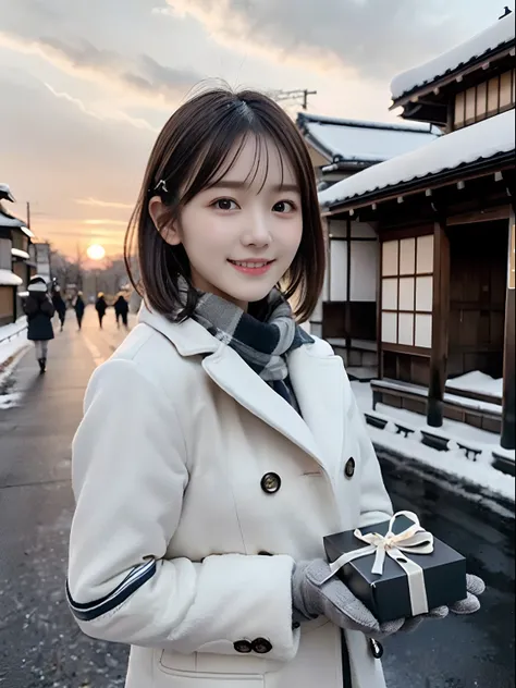 (Close up portrait of slender small breasts short hair girl in winter uniform with white winter coat and gray scarf :1.5)、(One girl holding a gift box with gloves in hand: with shy smile:1.5)、(Snowy winter street corner in Japan:1.5)、(Beautiful sunset time...