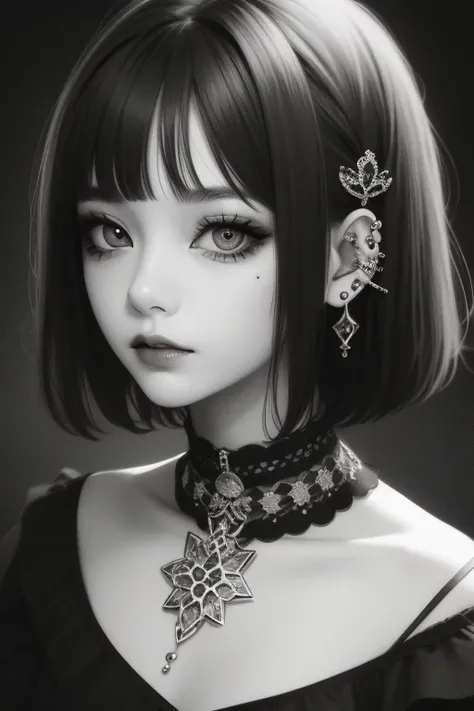 Digiart style, 1girl in,Short hair,Jewelry, monochromes, grayscales,makeup, watermarked, Piercing