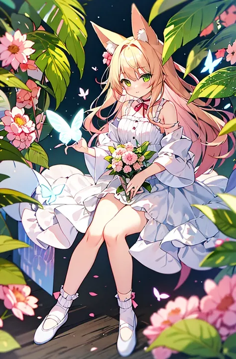 masterpiece, best_quality,1girl, solo,fox_ears,yellow eyes:1.5|green eyes:1.1,(pink hair:1.2|blonde hair), gentle hazel eyes, flowing wavy hair, ankle socks, gazing at viewer, white socks, ballet flats, pastel sundress, full body, butterfly garden, surroun...