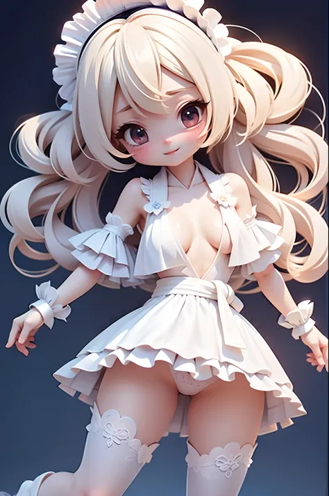 Lori Cute Girl, full body Esbian, hair gets clogged, Loose hair, Colossal tits, eye glass, A detailed eye, Detailed smile, ((Maid Japanese)), (), modeled , Detailed Detailing, Show with your back to the bed, Holographic,  greybackground、{{{White lace panti...