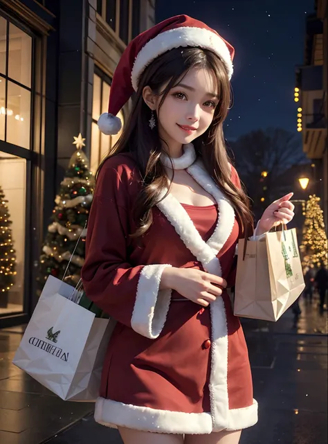 Textured skin, Super Detail, high details, High quality, Best Quality, hight resolution, 1080p, hard disk, Beautiful,Winter illumination,Christmas tree,shopping mall,Santa Claus Cosplay,She wears a Santa Claus costume,Lovely smile