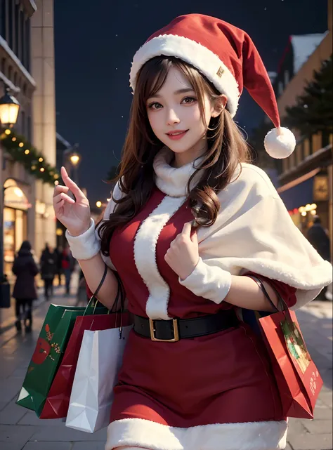 Textured skin, Super Detail, high details, High quality, Best Quality, hight resolution, 1080p, hard disk, Beautiful,Winter illumination,Christmas tree,shopping mall,Santa Claus Cosplay,She wears a Santa Claus costume,Lovely smile