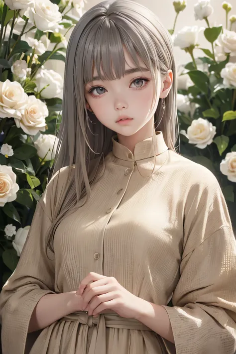 (((Beige World:1.3)))、Best Quality, masutepiece, High resolution, (((1girl in))), sixteen years old,(((Eyes are gray:1.3)))、Beige dress、((Beige shirt:1.3、Beige Color Block Dress)), Tindall Effect, Realistic, Shadow Studio,Ultramarine Lighting, dual-tone li...