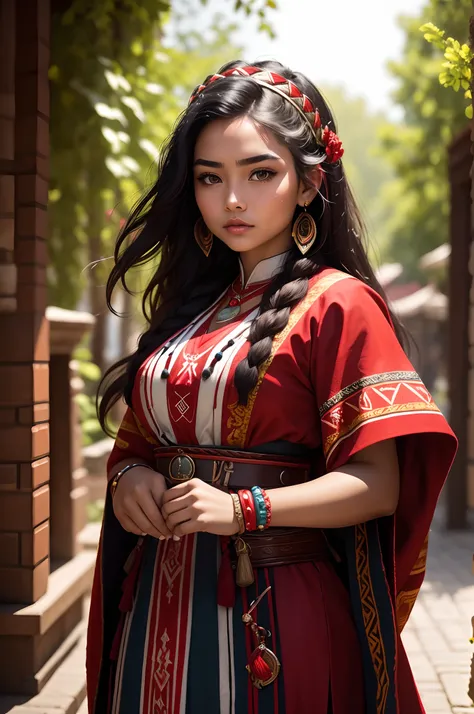 One of the works depicts a young indigenous woman, wearing traditional red and black clothing, with details and accessories that highlight her cultural heritage. The art, a fusion of illustration and digital photography, is visually captivating, with high ...