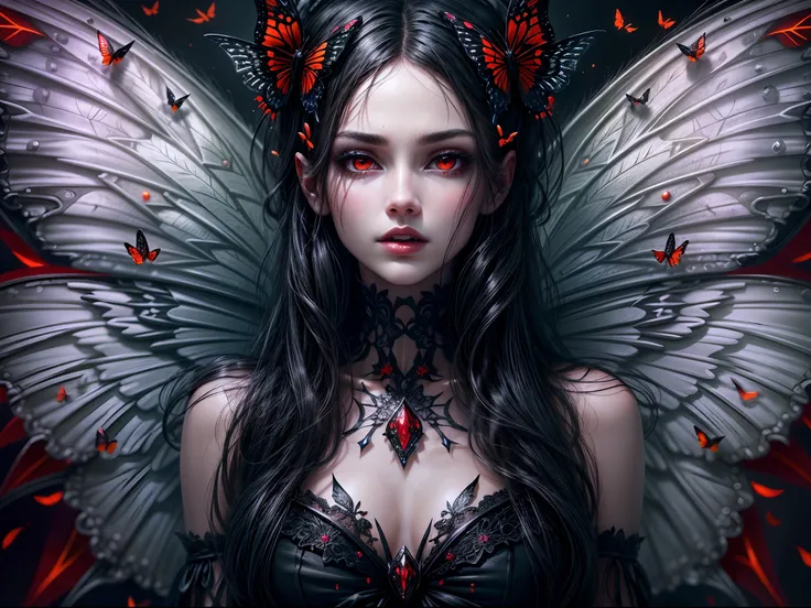 tmasterpiece,ultra - detailed,dark fantasy art,gothic art,Dark Vampire Fairy Award-winning Photos,Delicate and beautiful fairy,Hyper-feminine,Extremely detailed face,pale-skinned,black fingernails，Black and red butterfly wings,many glowing butterflies,high...