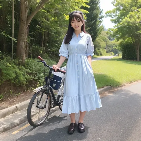 Yoshiko Akishino、20yr old、femele、Knee-length dress、country road、Semi-long、bicycle