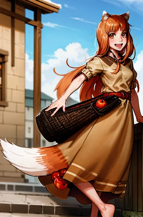 (holo:1.5), (holoBrownDress:1.5), masterpiece, best quality, absurdres, 1girl, looking at viewer, standing, cowboy shot, outdoors, medieval, cobblestone street, town, pouch, sash, smile, fruit, apple, basket,mediumbreast, curvy, silver hair, white hair, fu...