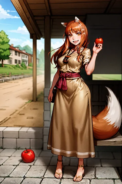 (holo:1.5), (holoBrownDress:1.5), masterpiece, best quality, absurdres, 1girl, looking at viewer, standing, cowboy shot, outdoors, medieval, cobblestone street, town, pouch, sash, smile, fruit, apple, basket,mediumbreast, curvy, silver hair, white hair, fu...