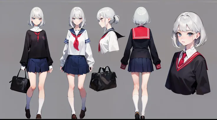 a pregirl，silber hair，Blue eyes，character design，in school uniform, full body