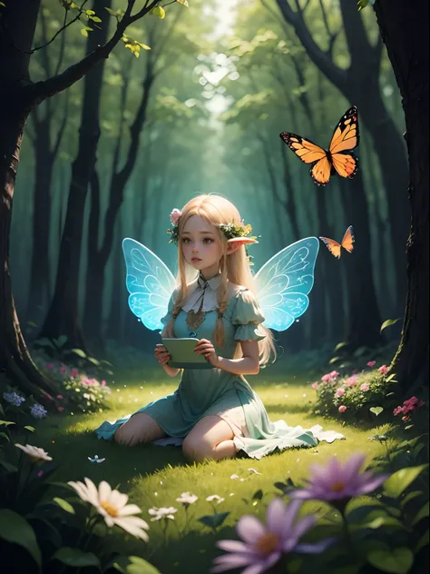 butterfly fairy on flowers，shining elf，Virtual scenes，Deep in the forest，light of god