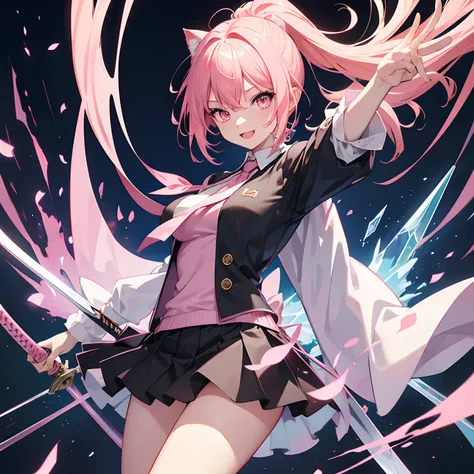 "anime girl, 1 person, pink hair, pink cat ears, pink eyes, womens shirt, tie, with takana twin swords on back, takana sword, womens black off-the-shoulder jacket, black miniskirt, big breasts  , there are ice crystals flying around on his back, holding a ...